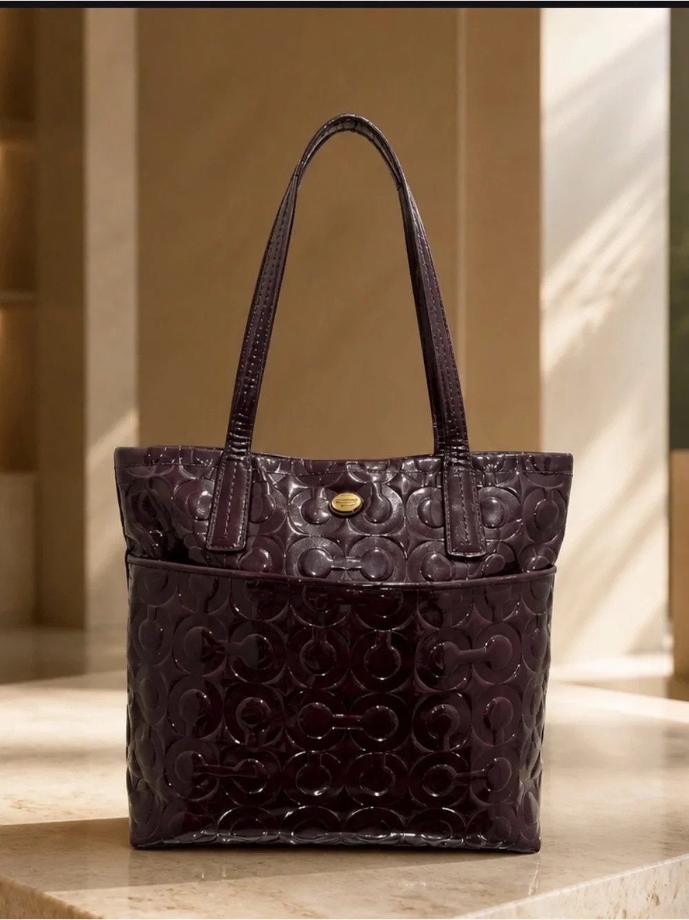 Coach Glossy Embossed Tote in Deep Plum
